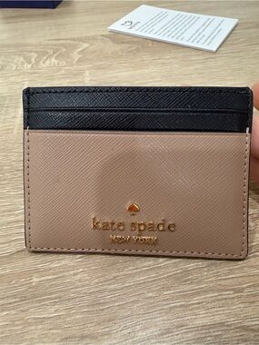 kate spade tan and Black Leather Card Case with Gold Logo